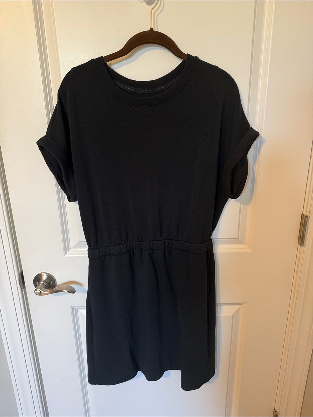 Lou & Grey Women’s Med Black Scuba Knit T Shirt Dress Elastic Waist Roll Sleeve